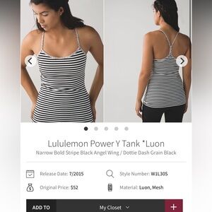 189-$35 NWT *FREE SHIPPING* Lululemon Power Y Tank
Narrow Bold Stripe Black sz 2